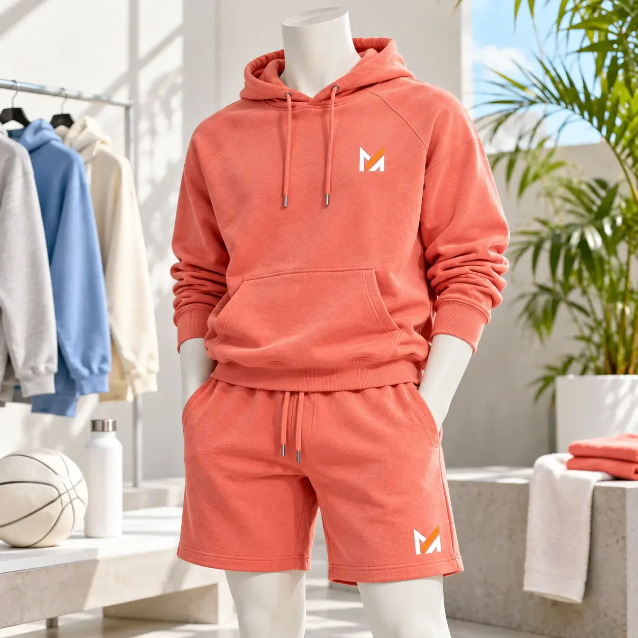 Coral pink fleece hoodie and matching sweat shorts featuring Mega Apparel logos, displayed on a white faceless mannequin in a bright, modern sportswear studio.